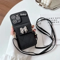 Black quilted wallet phone case with silver bow and adjustable leather crossbody strap - Silver Bow Style (With Lanyard) / iPhone 7/8/SE 2020