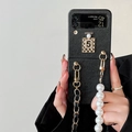 Luxury black leather case for Samsung Galaxy Z Flip with perfume bottle and pearl chain - Black Litchi Leather - Quilted Perfume Bottle - Pearl Leather Chain / Samsung ZFlip5