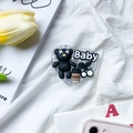 Detail of heart-shaped phone grip with black bear, baby letters and coffee cup decor - Starry-Baby Coffee Bear
