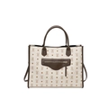 Beige tote bag met berenpatroon, donkerbruine handvatten en een handig ritsvak aan de voorkant - Wit