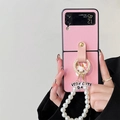 Detail of pink leather Galaxy Z Flip 6 case with pearl handle and cute rabbit design - Cross-grain Pink Bunny Pearl Chain / Samsung ZFlip3