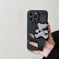 Protective iPhone case with black wrist strap and tweed bear featuring gold heart detail - Black / iPhone 7/8/SE 2020