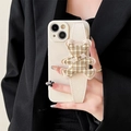 Minimalist cream white phone case with bear wrist strap and golden heart charm on leather - Apricot / iPhone 7/8/SE 2020