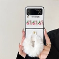 Detail of pink bunny and tulip resin accessories on a white leather texture phone case - Cross-grain White Plush Ring / ZFlip3