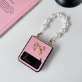 Pink leather texture case for Samsung Z Flip with pearl wrist strap and bow detail - Pearl Bow with Pearl Chain (Pink) / Pink / Samsung ZFlip3