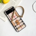 Plaid phone case for Samsung Z Flip with leather strap and decorative bear detail - Samsung Z Flip 3 / Plaid Pattern (Bear Ornament)