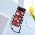 Funda roja con purpurina para Samsung Z Flip 6 con flores de perlas, strass y cadena de metal - Rojo / Samsung ZFlip3