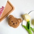 Cute brown plush teddy bear phone grip stand with curly fur and embroidered details - Dark Brown