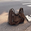 Retro dark brown matte leather tote bag with a matching mini pouch on a long strap - Brown