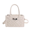 Beige woven leather crossbody bag with geometric embroidery and silver metal buckle - White