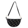 Sac bandoulière en daim noir en forme de lune avec clous dorés et détails œillets chic - Noir