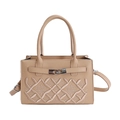 Minimalist beige PU leather tote bag with embroidered lattice and silver metal lock - Khaki