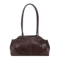 Brown glossy leather baguette bag with pleated details and cylindrical handles for women - Brown