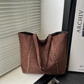 Retro dark brown suede tote bag with silver rivets, large capacity shoulder bag for daily use - Brown