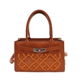 Dark brown faux leather handbag with yellow embroidery and adjustable shoulder strap - Brown