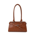 Retro karamellbraune Schultertasche aus Leder für Damen mit Silberschnalle und Trägern - Braun