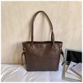 Detail view of large vintage brown tote bag featuring side drawstrings and gold metal buckles - Basic Style (BMH-1661) / Brown