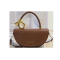 Brown leather saddle handbag with gold metal ring handle and adjustable strap - Brown