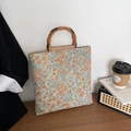Borsa tote in jacquard a fiori con manici in bambù naturale in stile interno minimalista - Fiore Blu