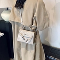 Champagne gold mini trapezoid crossbody bag with metallic finish and metal twist lock - Gray