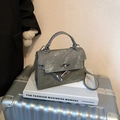 Denim grey trapezoid shoulder bag with silver turn-lock and detachable strap for women - Black