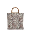Large floral jacquard tote bag with vintage bamboo handles and retro purple pattern - Purple Flower