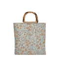 Retro linen tote bag with floral print and polished bamboo handles on white background - Orange Flower