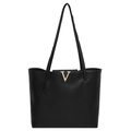 Minimalistische schwarze Shopper-Tasche mit Lychee-Struktur und goldener V-Schnalle - Schwarz