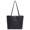 Minimalistische schwarze Leder-Tote-Bag mit Narbenstruktur und goldenem V-Detail - Dunkelblau