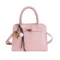 Pink crossbody bag with vertical texture, metal lock, and sports-themed bag charms - With Ornament / Pink