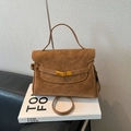 Brown frosted leather tote bag with vintage gold metal buckle and top handle - Brown