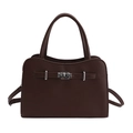 Minimalist deep brown large capacity tote bag with litchi grain texture and silver lock - Brown