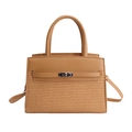 Brown leather and straw square handbag with top handle and crossbody strap on white background - Khaki (No Pendant)