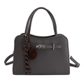 Sac à main Kelly gris foncé en cuir grainé avec fermoir rotatif et pompon - Gris avec pendentif
