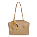 Minimalistische hellbraune Shopper-Tasche mit Seidenschal und mattem Leder-Finish - Khaki