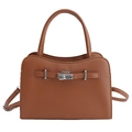 Elegant brown litchi pattern handbag with silver metal buckle and adjustable shoulder strap - Brown