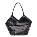 Modische schwarze Pailletten-Tasche mit Lederriemen und elegantem V-förmigem Rand - Schwarz