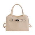 Elegant beige leather square handbag with silver metal buckle and top handle - White
