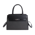 Elegante zweifarbige Handtasche aus Leder und Webstoff mit Metallverschluss und Schultergurt - Schwarz ohne Anhänger