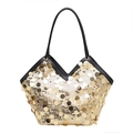 Goldene Pailletten-Tote-Bag mit V-Ausschnitt, schwarzen Ledergriffen und Metallic-Finish - Gold