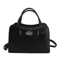 Minimalist black lychee pattern leather handbag with silver metallic buckle and strap - Black