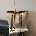 Retro tote bag met marmerpatroon en bruine lederen bies voor dagelijks gebruik - Grijs