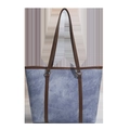 Borsa tote vintage in denim blu lavato con manici in pelle marrone e anelli in metallo oro - Blu