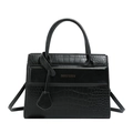 Black crocodile embossed tote bag with top handle and shoulder strap in a minimalist design - Black