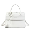 White faux leather handbag with crocodile texture and fashion text strap detail - Off-white