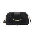 Black leather shoulder bag with textured fabric flap and gold crescent moon buckle - Black