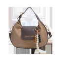 Borsa hobo chic in pelle bicolore marrone con perline e dettagli logo oro - Khaki Con Pendente