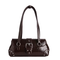 Sac à main carré de luxe en cuir verni marron foncé avec rivets argentés et boucle métal - Marron
