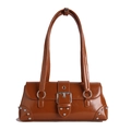 Sac à main carré en cuir verni marron avec rivets argentés et boucle métallique - Marron