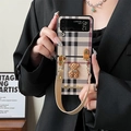 Vintage plaid folding phone case for Samsung Z Flip 6 with 3D bear and leather strap - Vintage Checkered - Teddy Bear A - With Leather Strap / Samsung ZFlip4